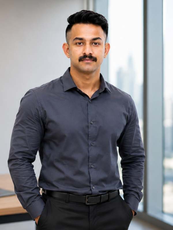 Aswin Vinod standing in an office overlooking the Dubai skyline